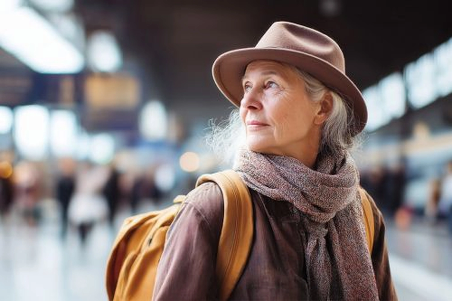 H/G Hofmann & Groß – Steuerberater PartG mbB - Eine ältere Dame mit Sonnenhut steht am Bahnhof und ist bereit zur Reise.