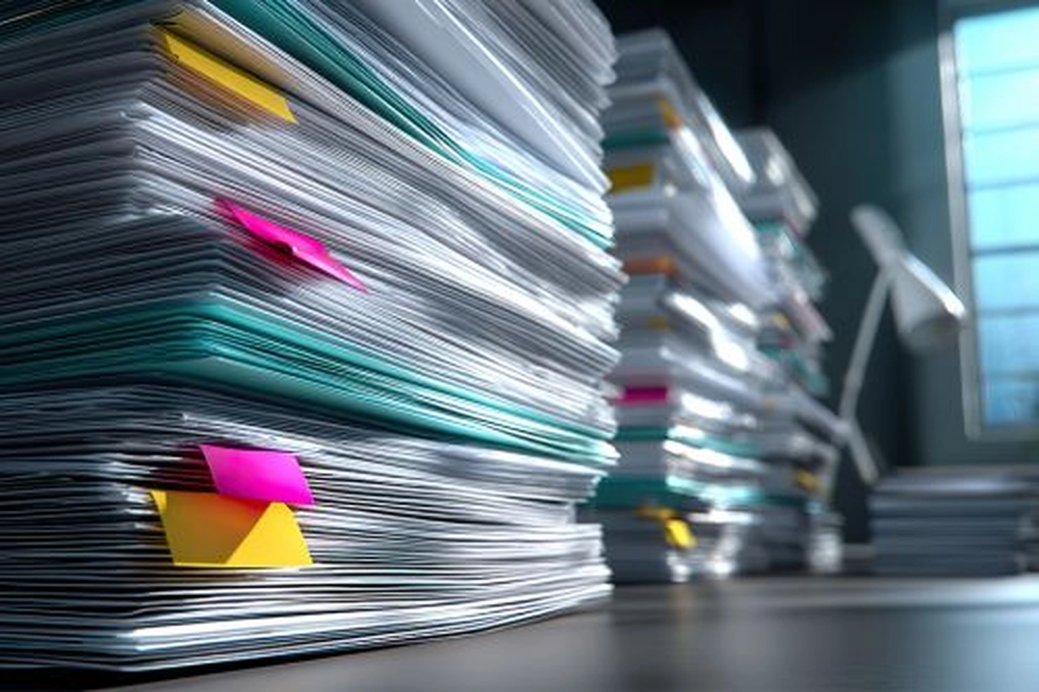 H/G Hofmann & Groß – Steuerberater PartG mbB - Stapel von Papierkram mit bunten Haftnotizen im Büroalltag